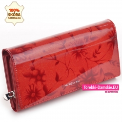 Czerwony duży skórzany lakierowany portfel damski w kwiaty