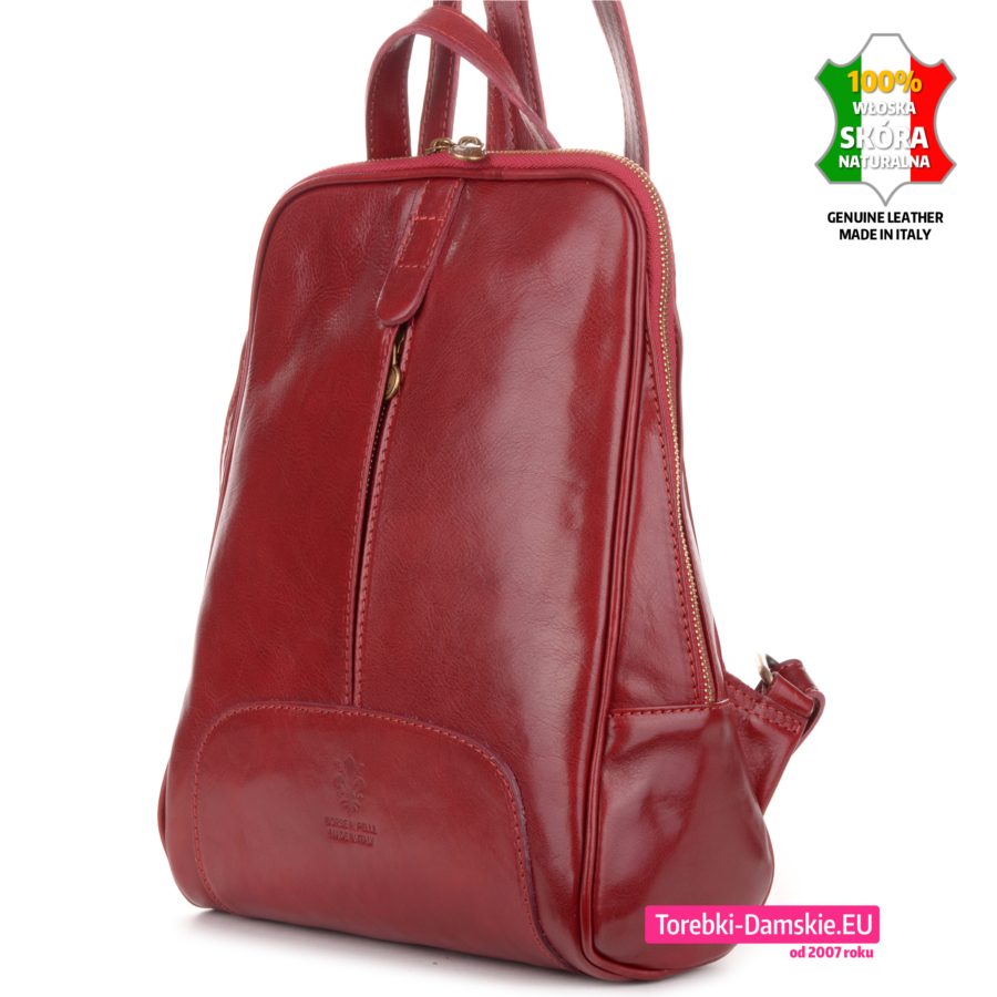Miejski plecak skórzany czerwony włoski z kieszenią z przodu