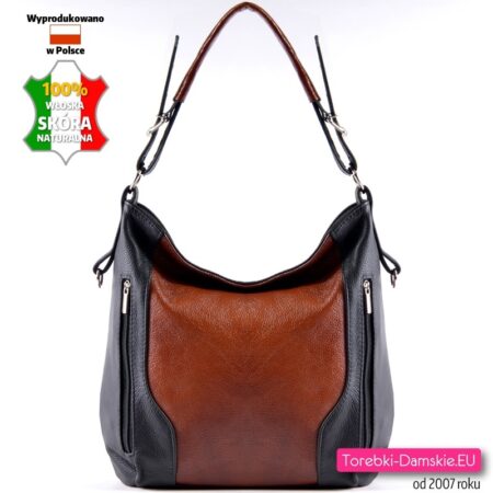 Brązowo - czarna torebka ze skóry naturalnej