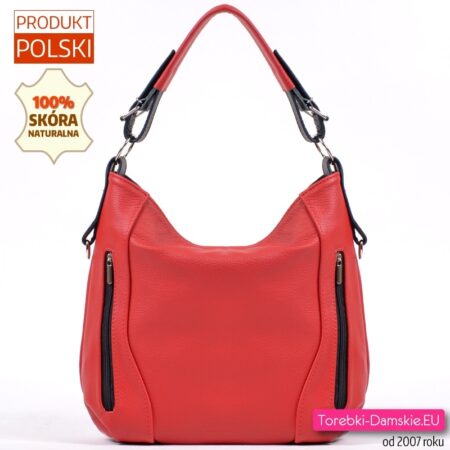 Czerwona skórzana torebka damska z pionowymi suwakami