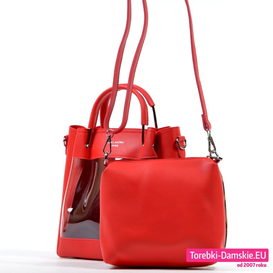 Zestaw 2 torebki: czerwona torebka z przeźroczystym przodem i model crossbody cętkowany