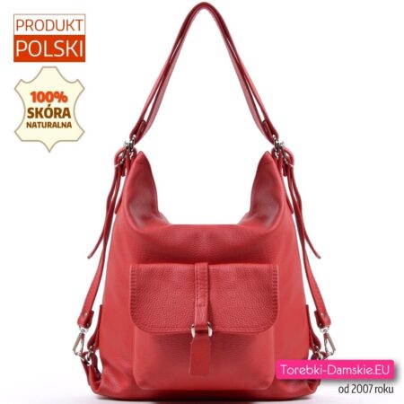 Czerwony skórzany plecak damski - torebka miejska z kieszonką z klapką z przodu