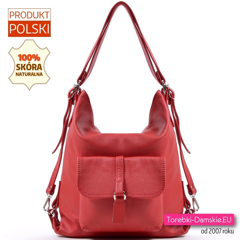 Czerwony skórzany plecak damski - torebka miejska z kieszonką z klapką z przodu