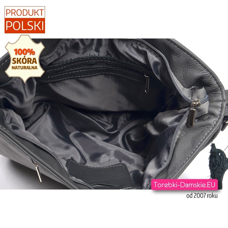 Mieszcząca format A4 pojemna torba ze skóry - grafitowy odcień koloru szarego