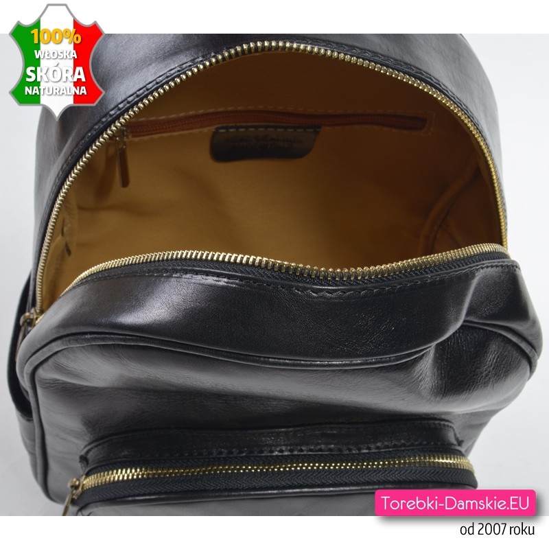 Czarny skórzany plecak damski - 4 kieszenie zewnętrzne