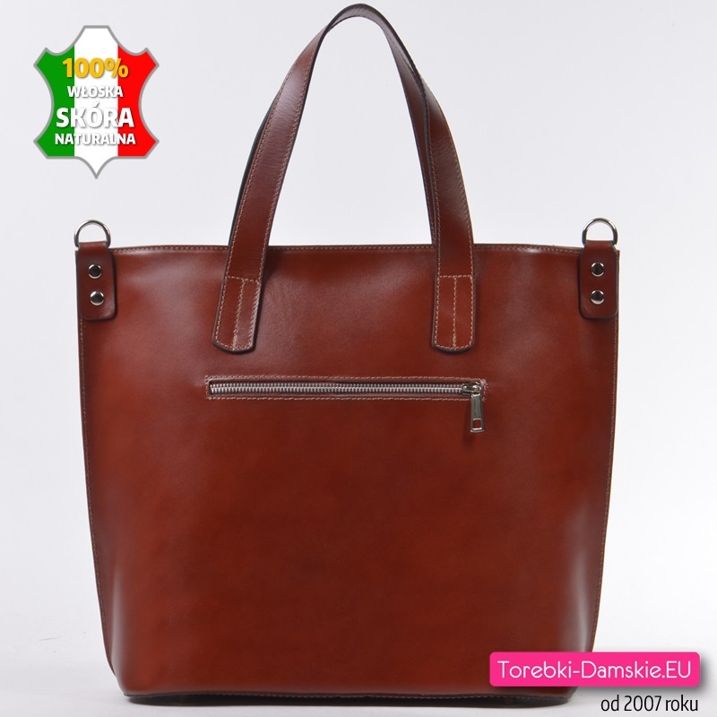 Skórzana brązowa torba z kieszenią z tyłu - włoski shopperbag