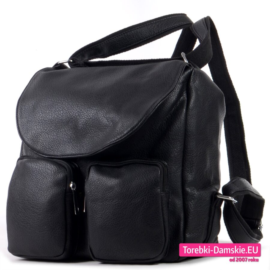 Torbo - plecak damski czarny z klapą i dwoma kieszeniami z przodu