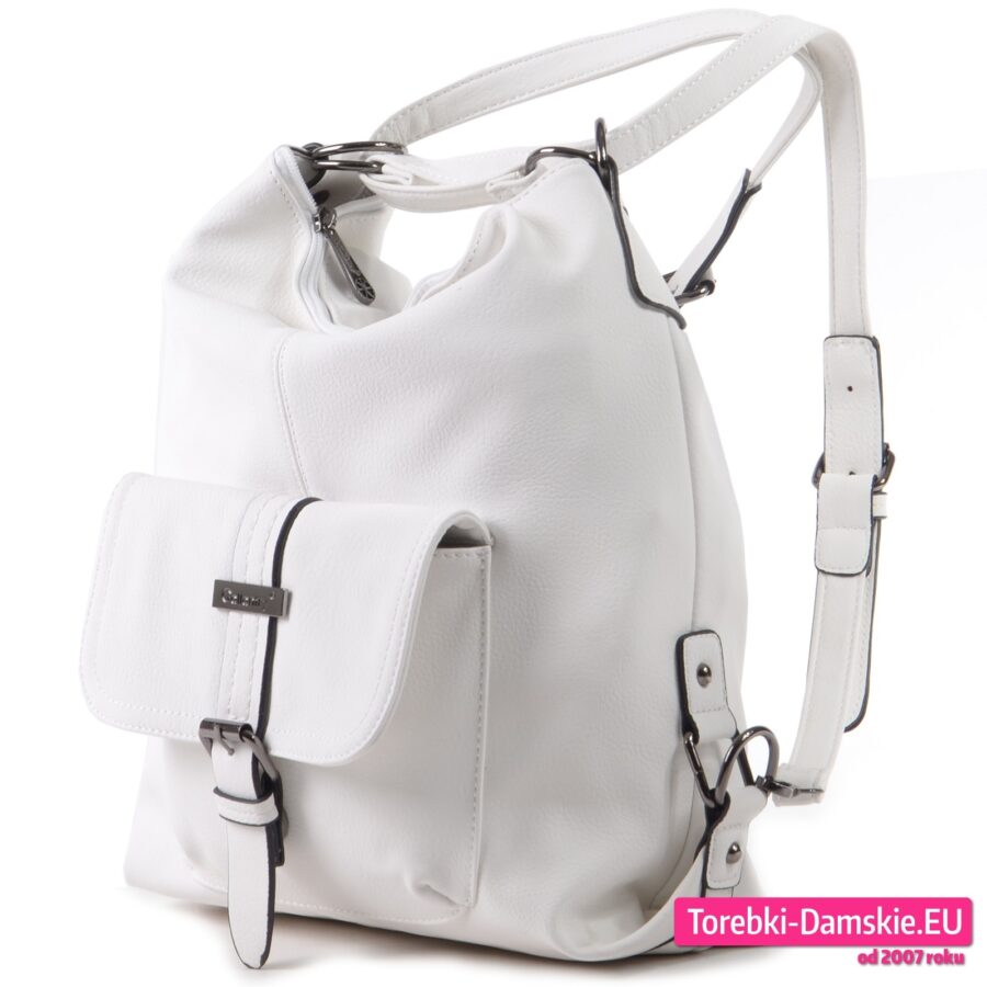 Biały torbo - plecak damski z kieszenią z klapką z przodu