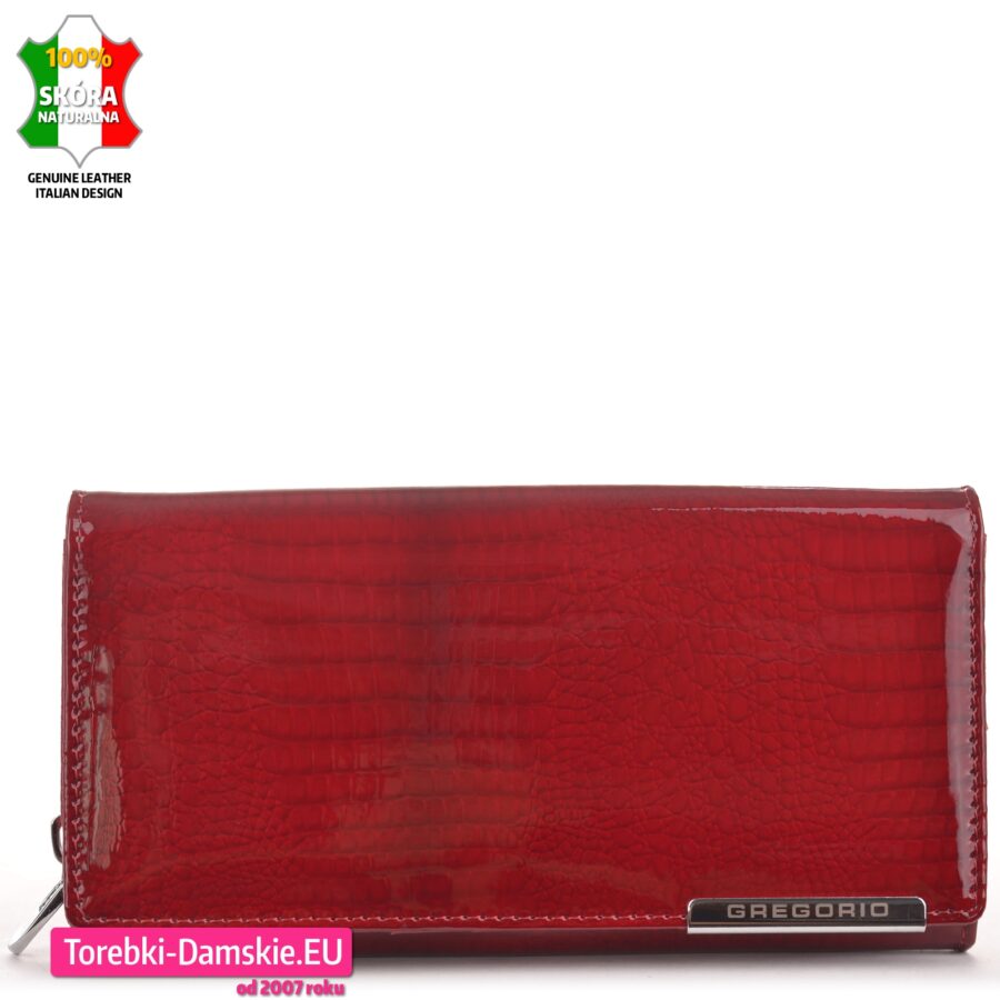 Czerwony duży portfel damski lakierowany skóra krokodyla