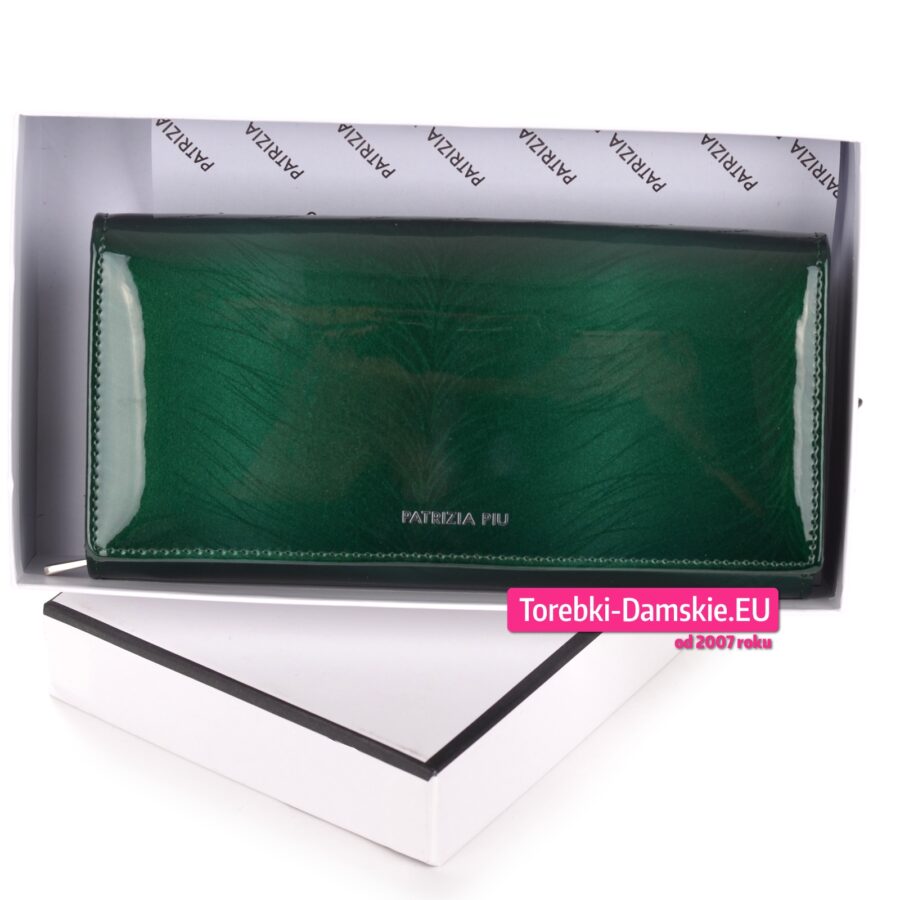 Zielony duży damski portfel lakierowany w pudełku