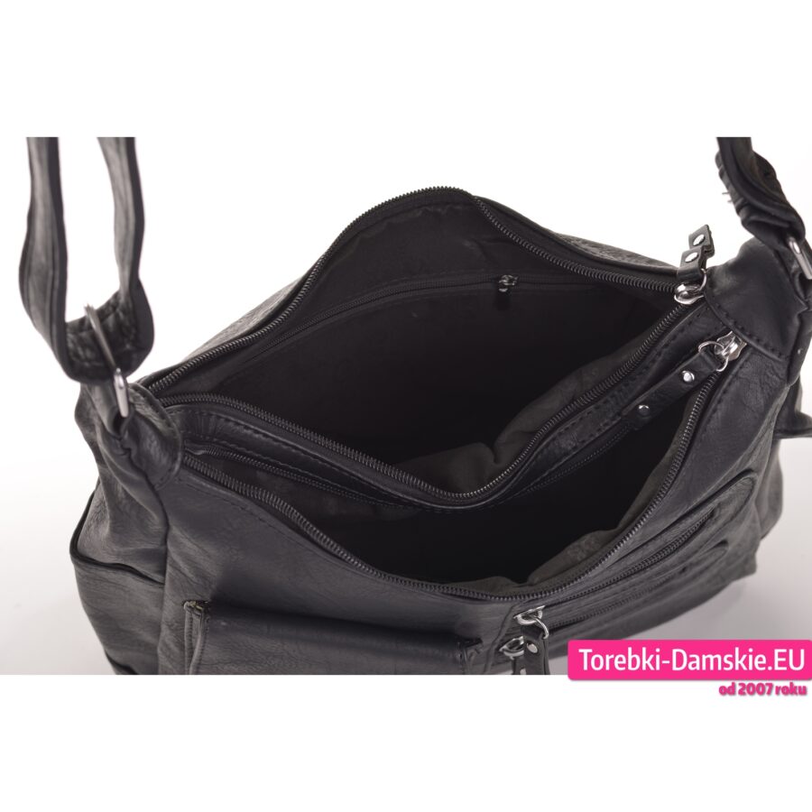 Dwukomorowa torebka damska czarna średnia wielkość zamykana zamkami