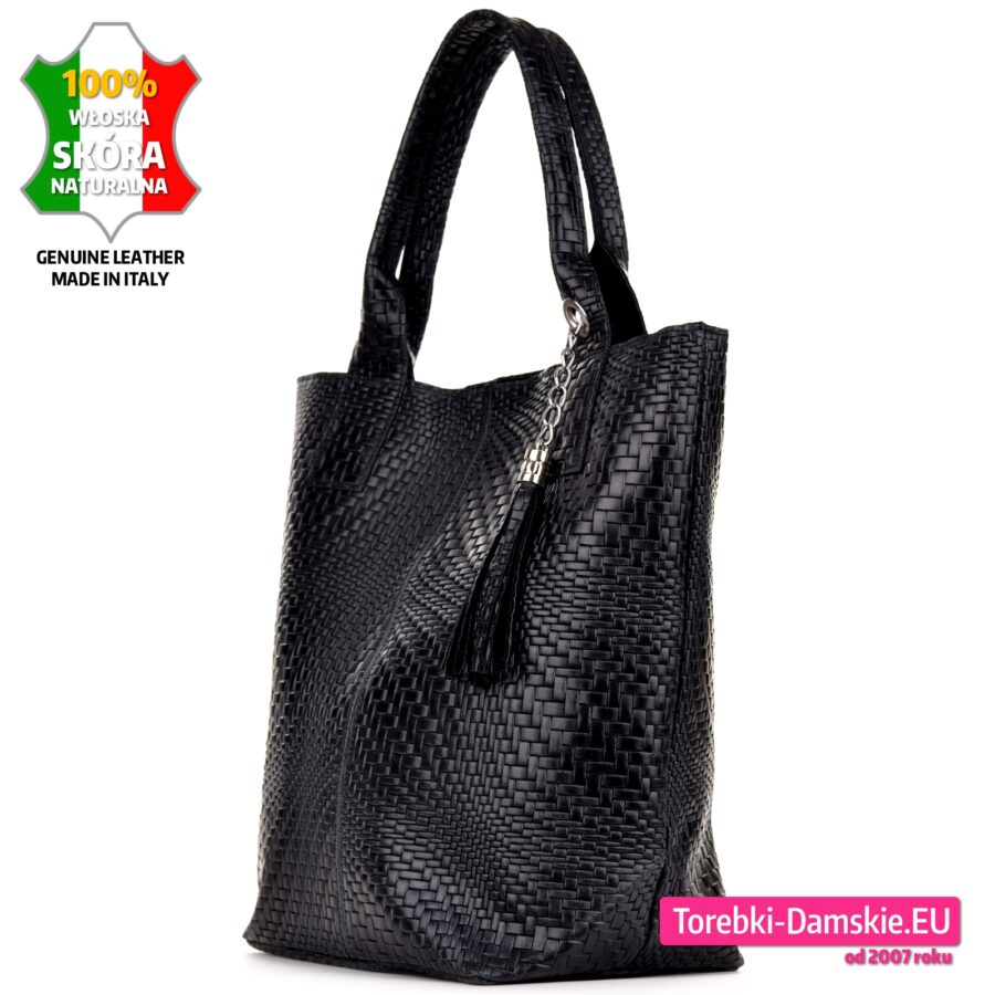 Czarna włoska torba damska shopperbag z chwostem