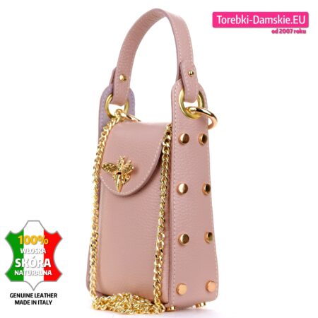 Torebka z pszczółką ze złotym łańcuszkiem i nitami na smartfona