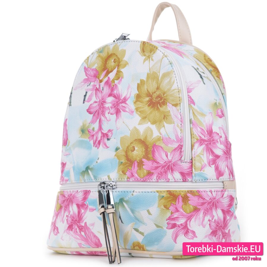 Dwukomorowy plecak damski biały z różowymi kwiatami