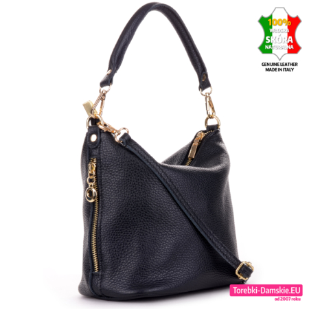 Torebka ze skóry czarna ze złotymi suwakami na bokach i dwoma paskami odpinanymi