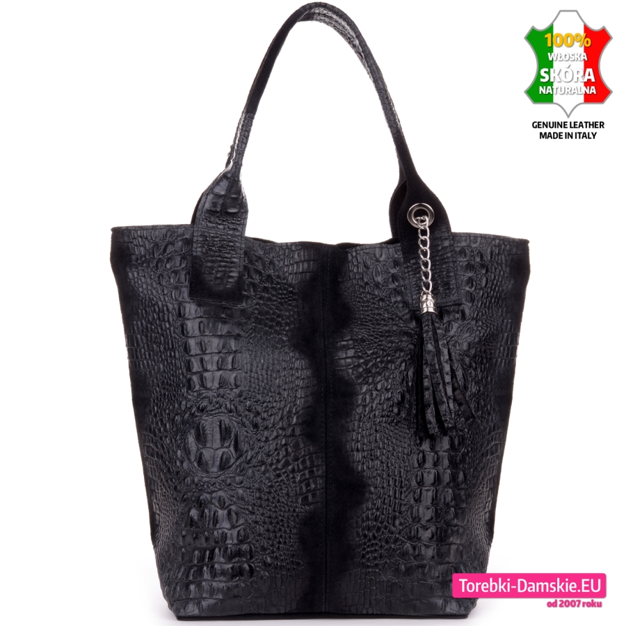 Czarna torba shopper ze skóry fakturowanej imitacja skóry krokodyla