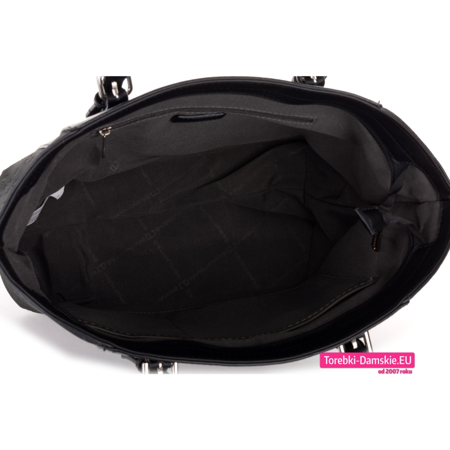 Pojemna torebka David Jones czarna zamykana szczelnie z kieszeniami wewnątrz