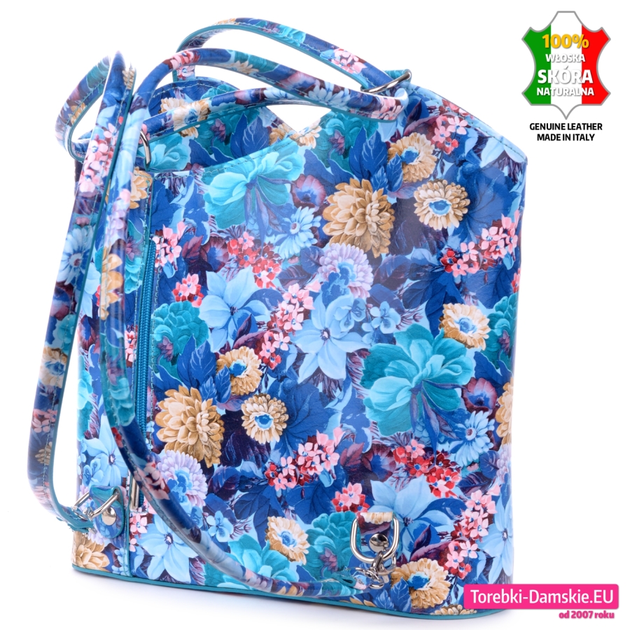 Plecak - torebka w jednym niebieski w kwiaty