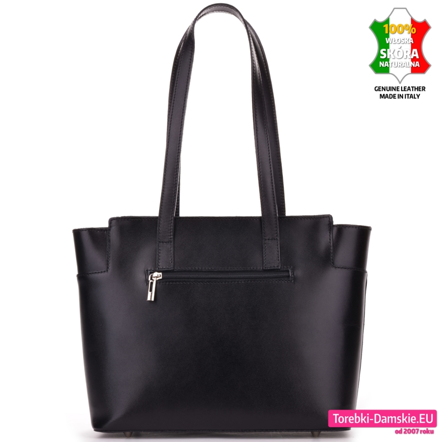 Czarna torebka na ramię włoska luksusowa z kieszenią z tyłu