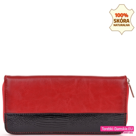 Duży czerwono - czarny skórzany portfel damski zamykany suwakiem