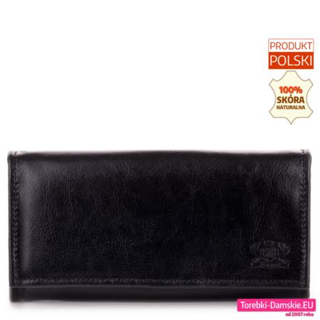 Duży czarny skórzany portfel na bigiel składany zapinany