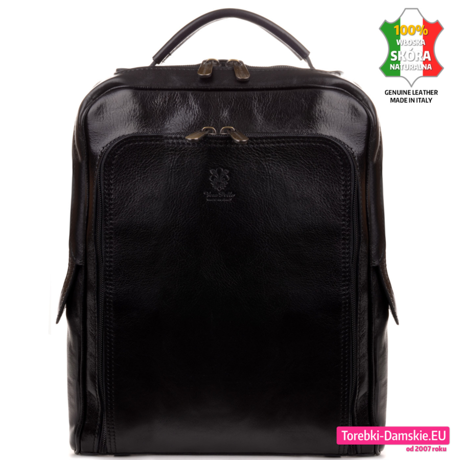 Czarny duży włoski skórzany plecak A4 na laptopa