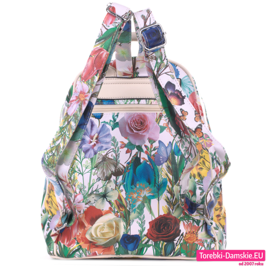 Plecak damski na wiosnę kolorowe kwiaty motyle pojemny model