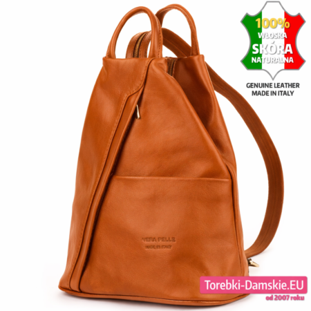 Elegancki plecak damski z miękkiej skóry naturalnej w kolorze jasny brąz