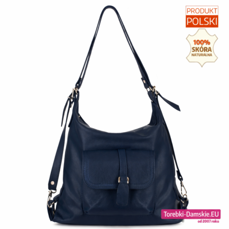 Skórzana ciemno-granatowa torebka i plecak damski w jednym