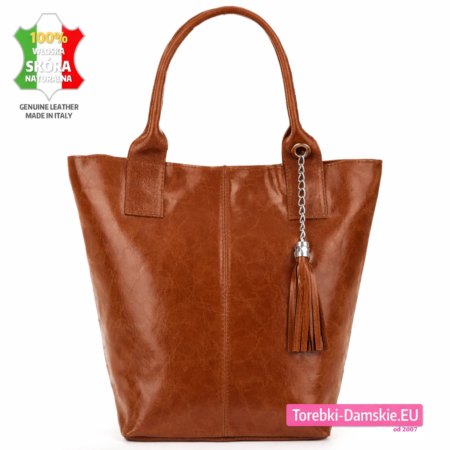 Brązowa torba skórzana duża shopperka z połyskującej skóry